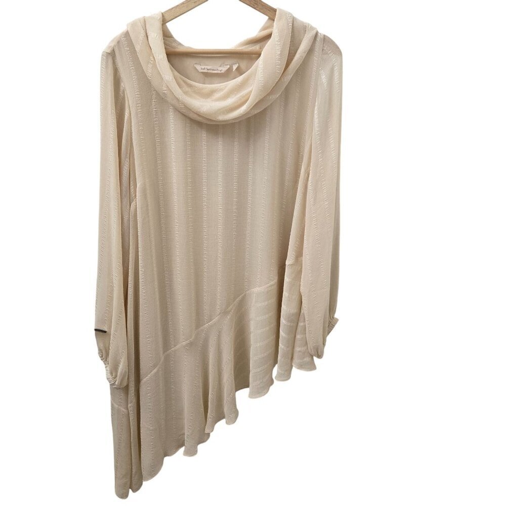 Soft Surroundings Neapolitan Tunic Womens L‎ Cream Sheer Asymmetrical Cowl Neck